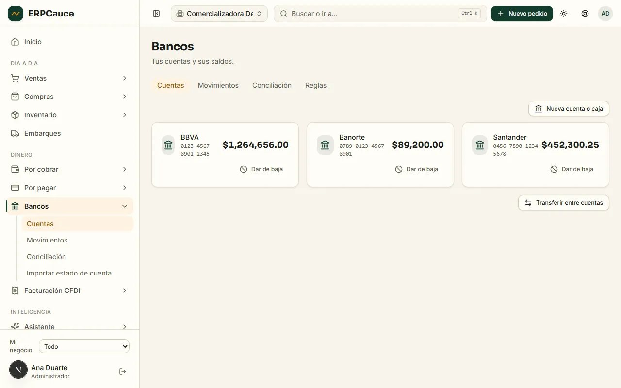Pantalla de bancos de ERPCauce: tarjetas de cuentas bancarias con sus saldos y pestañas de movimientos, conciliación y reglas.