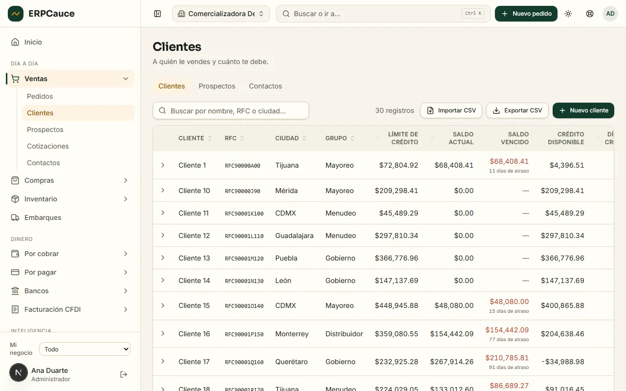 Pantalla de clientes de ERPCauce: lista de clientes con sus saldos y datos de contacto.