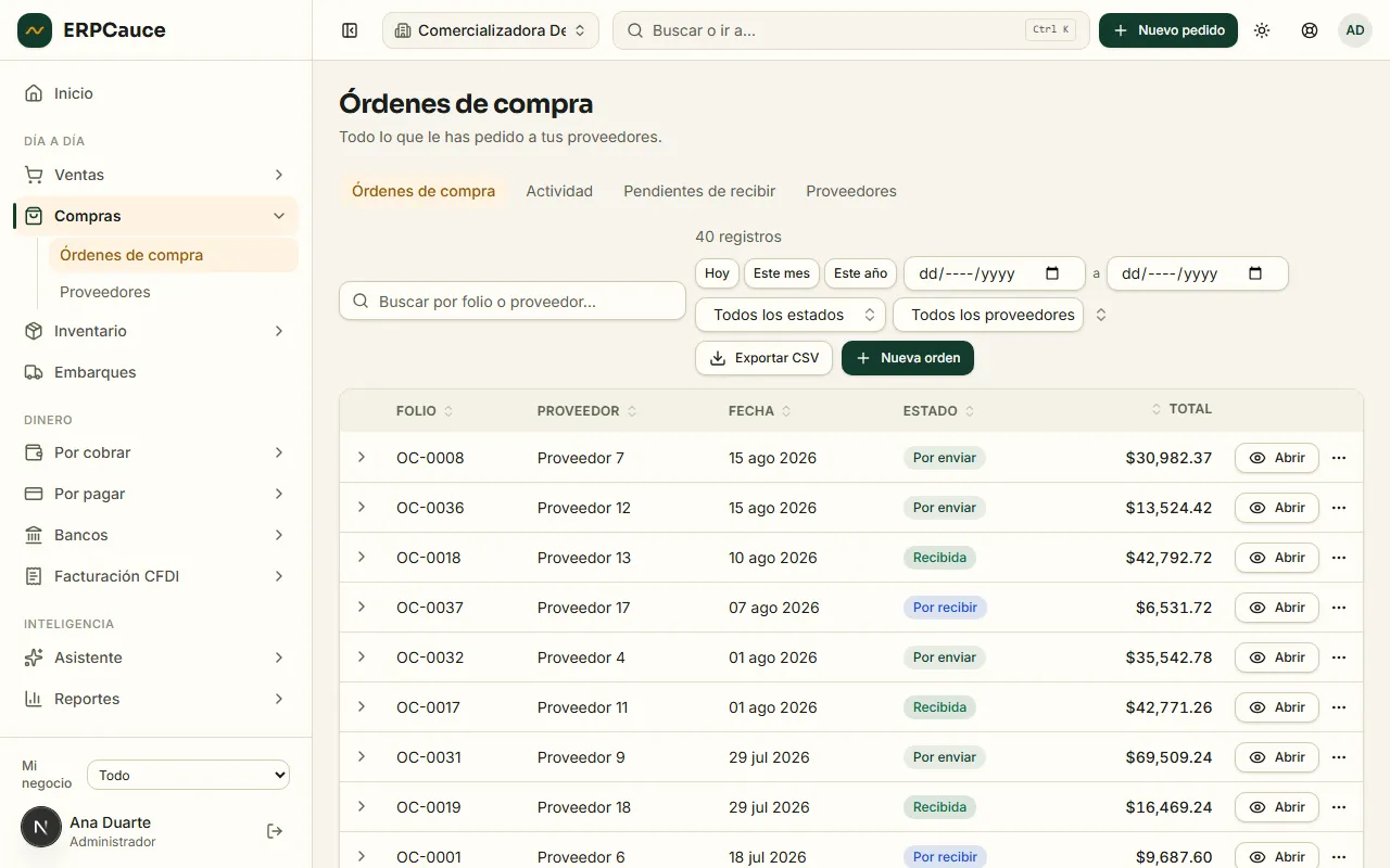 Pantalla de compras de ERPCauce: tabla de órdenes de compra con folio, proveedor, fecha, estado y total.