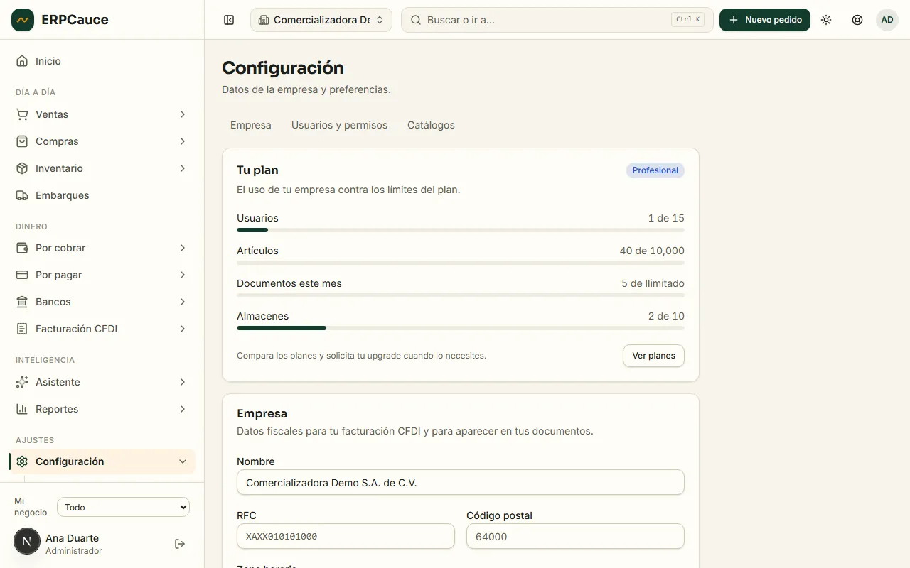 Pantalla de configuración de ERPCauce: datos fiscales de la empresa para facturación CFDI y uso del plan contra sus límites.