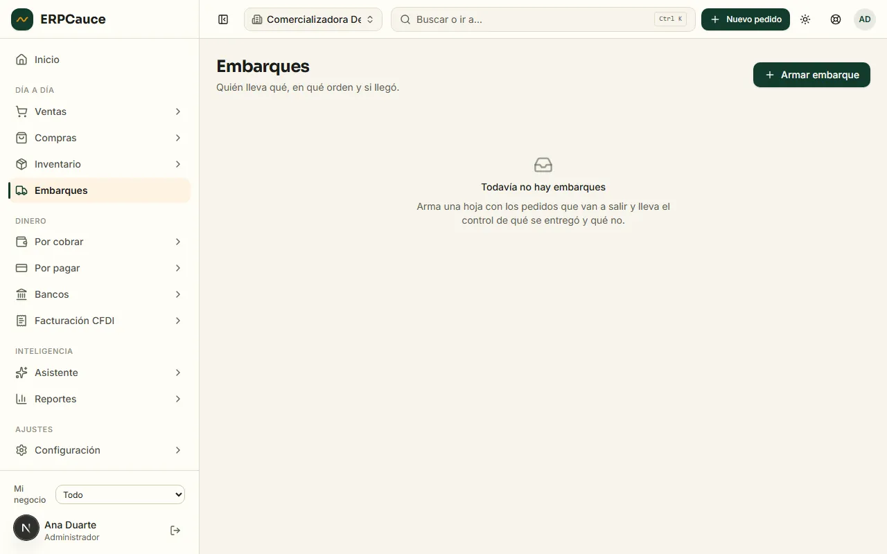Pantalla de embarques de ERPCauce: control de repartos con sus paradas y estado de entrega.