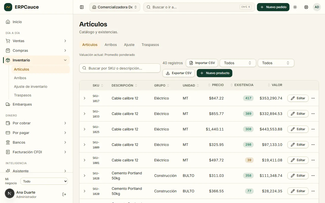 Pantalla de inventario de ERPCauce: catálogo de artículos con SKU, descripción, grupo, precio, existencia y valor, con pestañas de arribos, ajustes y traspasos.