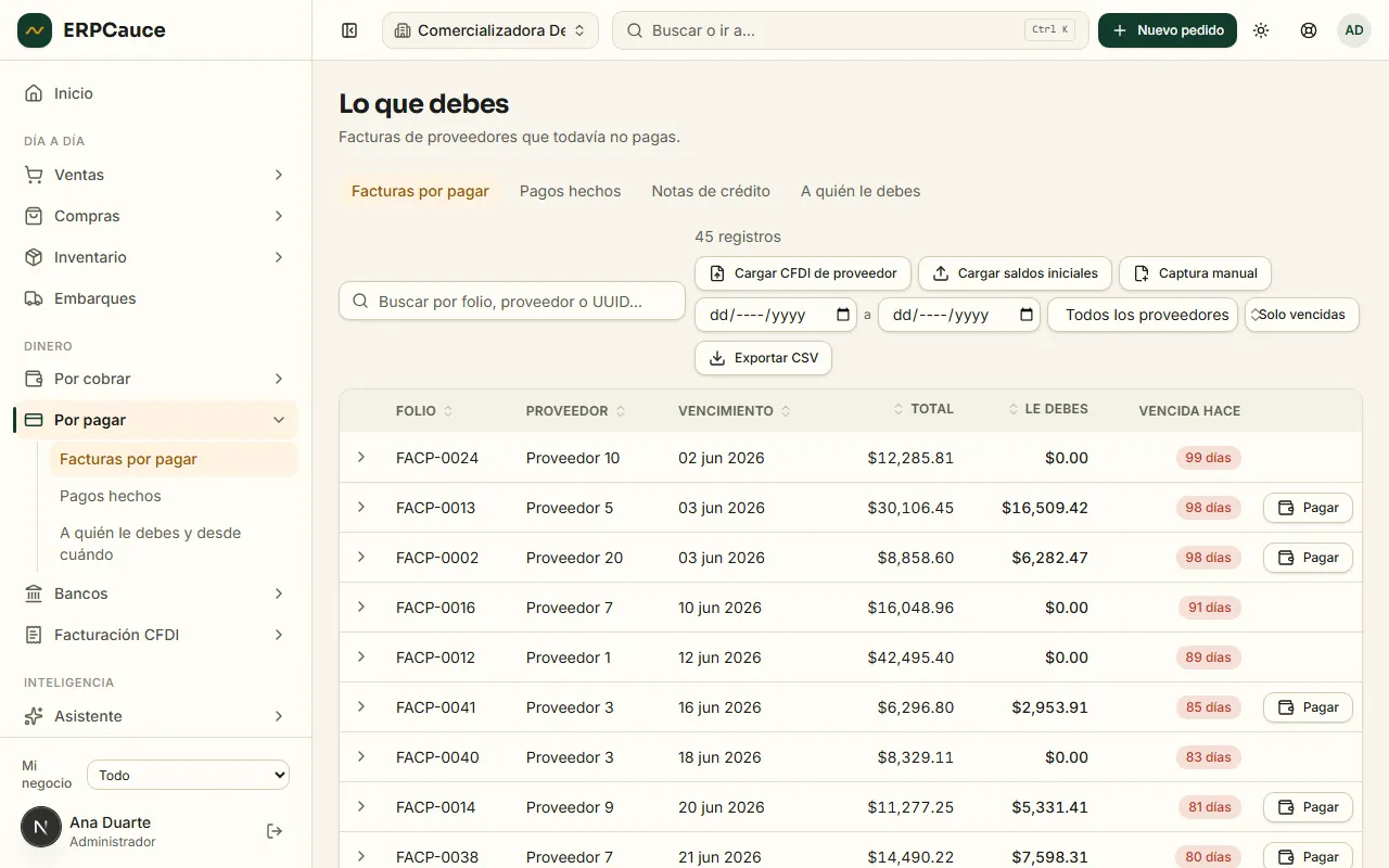 Pantalla de pagos de ERPCauce: cuentas por pagar a proveedores con saldos y vencimientos.